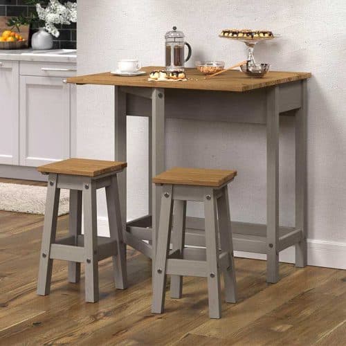Drop-leaf breakfast table in grey with two stools