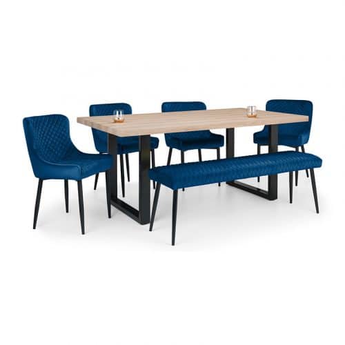 Berwick Dining Table, Luxe Low Blue Bench & 4 Luxe Blue Chairs