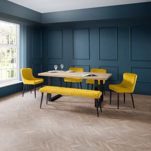Berwick dining table, Luxe low mustard bench & 4 Luxe mustard chairs - Image 2
