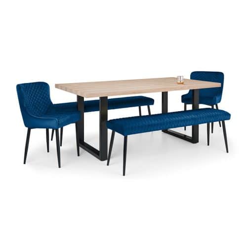 Berwick Dining Table, Luxe Low Blue Bench & 2 Luxe Blue Chairs