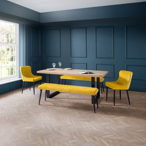 Berwick Dining Table, 2 Luxe Low Mustard Benches & 2 Luxe Mustard Chairs