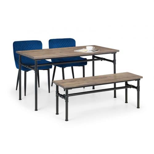 Carnegie dining table, bench & 2 luxe blue chairs