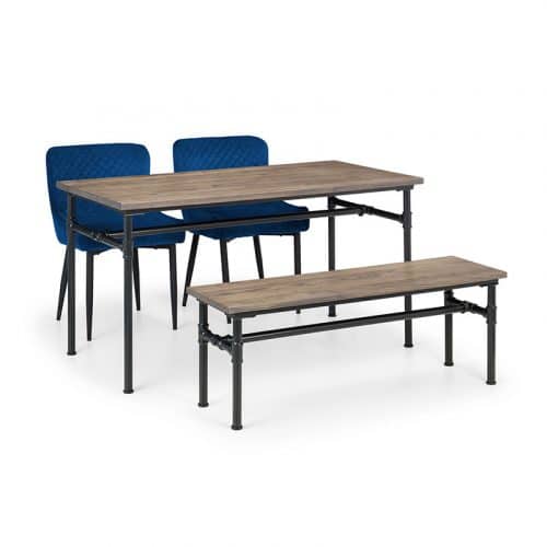 Carnegie dining table, bench & 2 luxe blue chairs