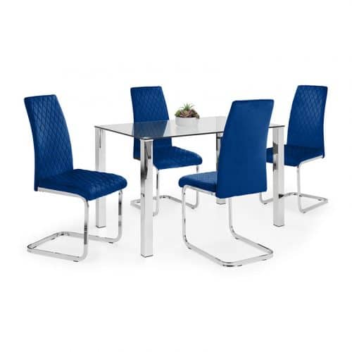 Enzo dining table & 4 calabria cantilever velvet blue chairs