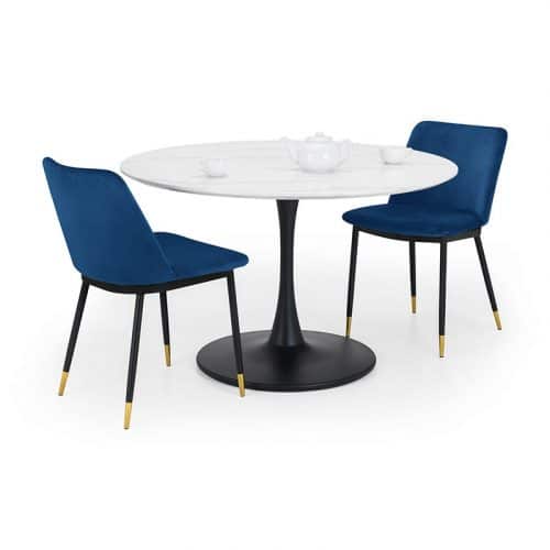 Holland round pedestal table & 2 delaunay blue chairs