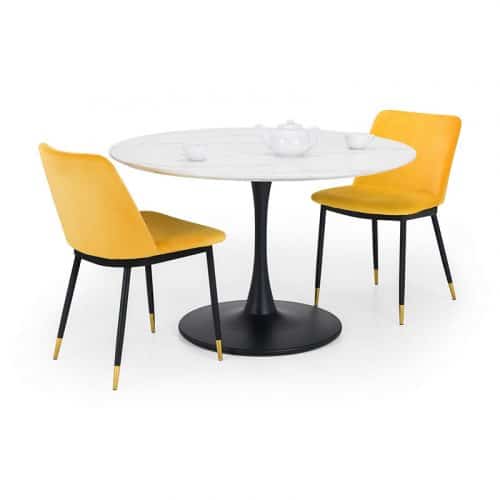 Holland round pedestal table & 2 delaunay mustard chairs