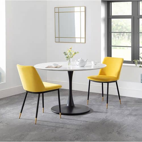 Holland round pedestal table & 2 delaunay mustard chairs - Image 2